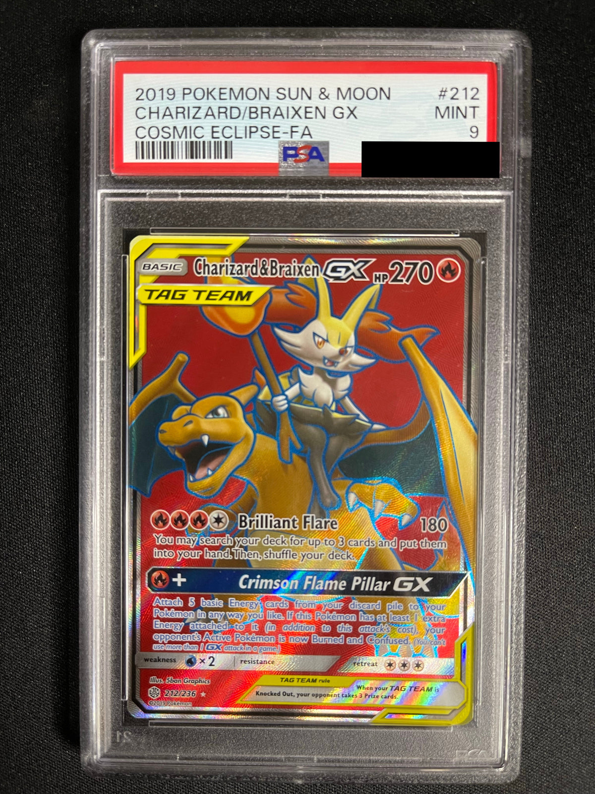 Charizard & Braixen GX 212/236 Cosmic Eclipse Full Art PSA 9 - view 1 of 2
