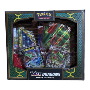 Pokemon TCG VMAX Dragons Premium Collection sealed box with Rayquaza VMAX and Duraludon VMAX promo cards