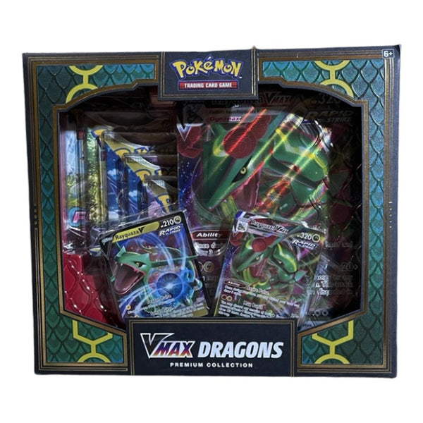 Pokemon TCG VMAX Dragons Premium Collection sealed box with Rayquaza VMAX and Duraludon VMAX promo cards